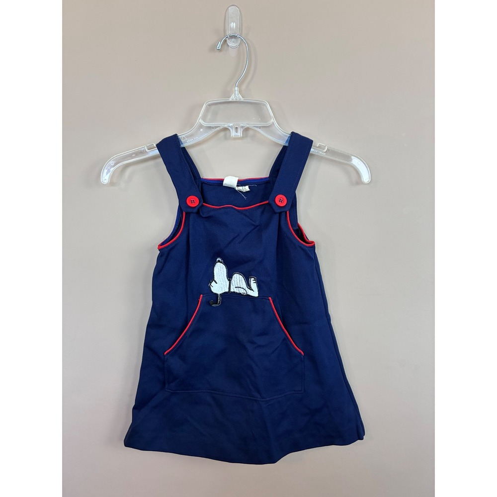 Vintage Danskin Peanuts Snoopy Navy Blue Jumper Dress Kids‎ Size 7 Red Trim